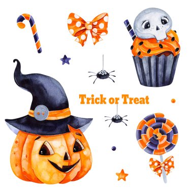 Şirin suluboya Halloween ayarlayın. Doku kabak ve siyah şapka, şeker, muffin, kafatası ve yay. Duvar kağıdı, baskı, ileti örneği, scrapbooking, çıkartmalar, parti süslemeleri, davetler için mükemmel