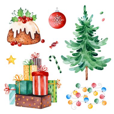 Noel ağacı, şeker, garland, hediyeler ve diğer süslemeleri ile parlak koleksiyonu. Suluboya tatil illüstrasyon. Noel ve yeni yıl projeniz için mükemmel, davetiye, tebrik kartları, duvar kağıtları