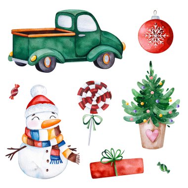 Noel ağacı, şeker, kırmızı retro araba, hediye ve daha fazlası ile parlak seamless modeli. Suluboya tatil doku. Noel ve yeni yıl proje, davetiye, tebrik kartları, duvar kağıtları, baskı vb için mükemmel