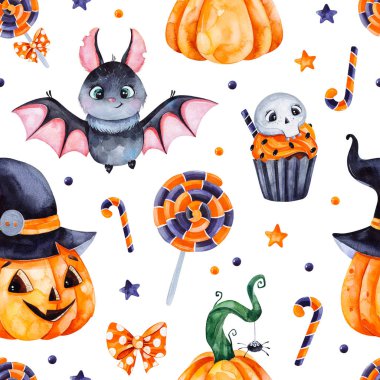 Şirin suluboya Cadılar Bayramı seamless modeli. Koyu arka plan pumpkins, şeker, muffin, yarasa, kafatası ve yay ile. Duvar kağıdı, baskı, ileti örneği, scrapbooking, çıkartmalar, parti süslemeleri için mükemmel