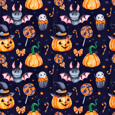 Şirin suluboya Cadılar Bayramı seamless modeli. Koyu arka plan pumpkins, şeker, muffin, yarasa, kafatası ve yay ile. Duvar kağıdı, baskı, ileti örneği, scrapbooking, çıkartmalar, parti süslemeleri için mükemmel