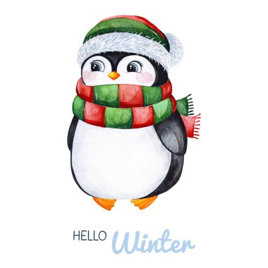 Sevimli penguen suluboya kış örme giysiler içinde. El tatil illüstrasyon boyalı. Noel ve yeni yıl proje, davetiye, tebrik kartları, duvar kağıtları, Bloglar vb için mükemmel