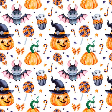 Şirin suluboya Cadılar Bayramı seamless modeli. Koyu arka plan pumpkins, şeker, muffin, yarasa, kafatası ve yay ile. Duvar kağıdı, baskı, ileti örneği, scrapbooking, çıkartmalar, parti süslemeleri için mükemmel