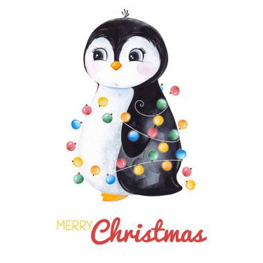 Noel çelenk ile sevimli suluboya penguen. El tatil illüstrasyon boyalı. Noel ve yeni yıl proje, davetiye, tebrik kartları, duvar kağıtları, Bloglar vb için mükemmel