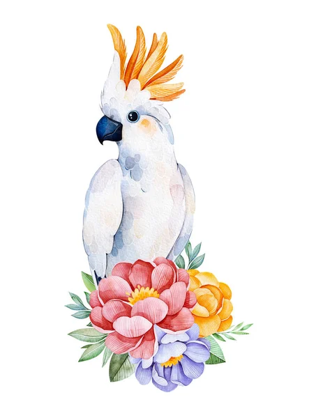 Lovely Bouquet Peony Rose Leaves Flowers Branches Cute Cockatoo Watercolor — Stock Photo, Image