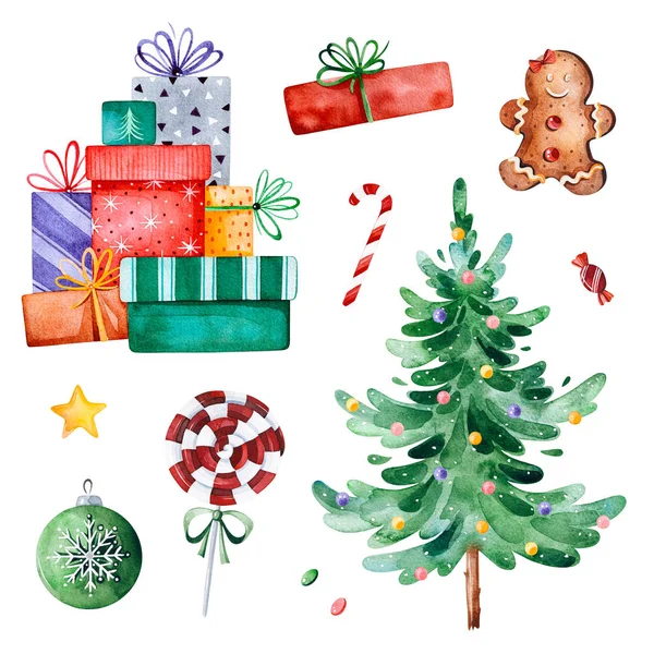 Frisse Collectie Met Kerstboom Snoep Giften Andere Decoraties Aquarel Vakantie — Stockfoto