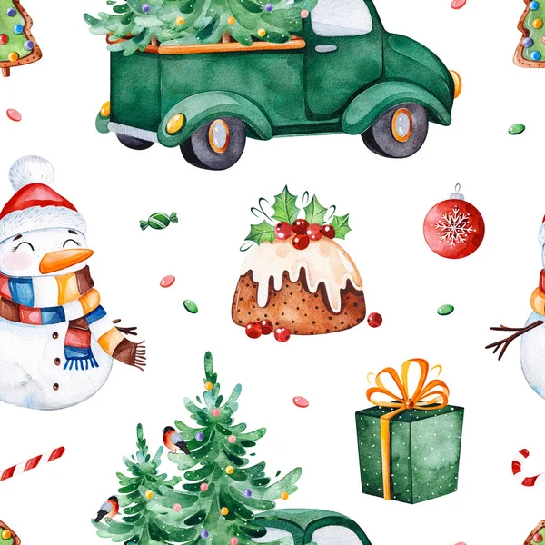 Jasný Vzor Bezešvé Vánoční Stromeček Cukroví Červené Retro Auto Dárky — Stock fotografie