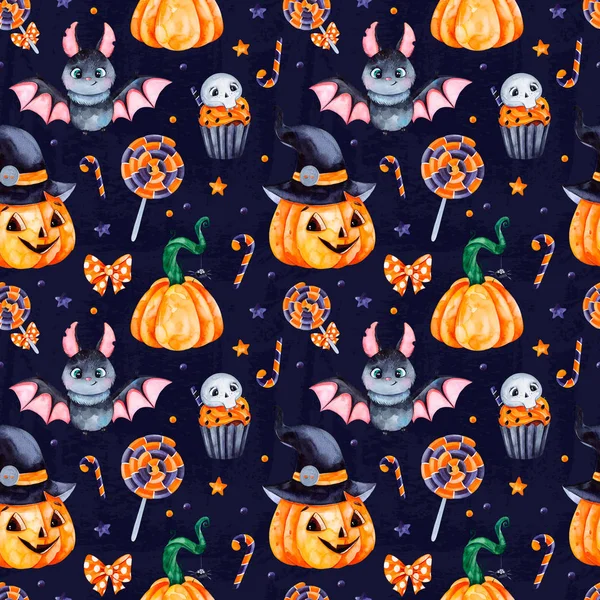 Cute watercolor Halloween seamless pattern. Dark Background with pumpkins, candy,muffin,bat,skull and bow.Perfect for wallpaper,print,stationery, scrapbooking, stickers,party decorations