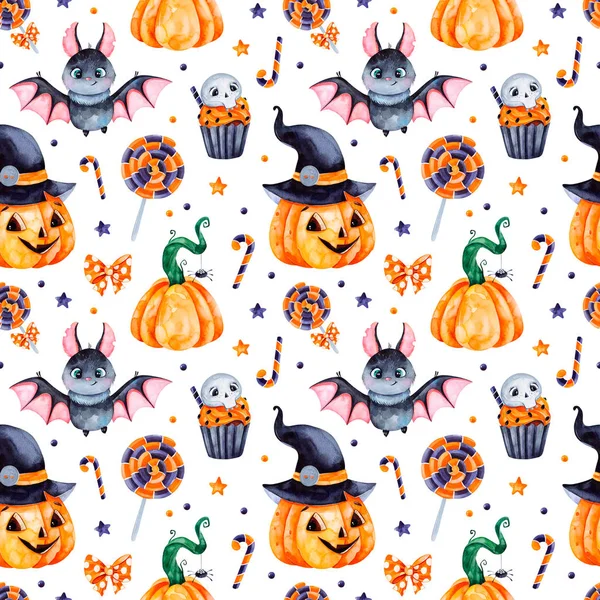 Roztomilý Akvarel Halloween Bezešvé Vzor Tmavé Pozadí Dýně Candy Muffin — Stock fotografie