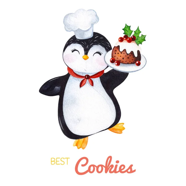 Cute Pingwina Akwarela Christmas Pudding Ręcznie Malowane Wakacje Wektor Idealny — Zdjęcie stockowe