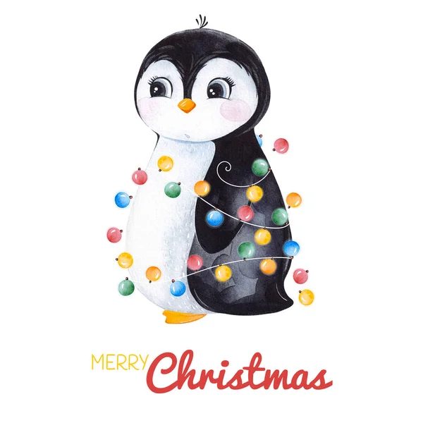 Carino Pinguino Acquerello Con Ghirlanda Natale Illustrazione Festa Dipinta Mano — Foto Stock