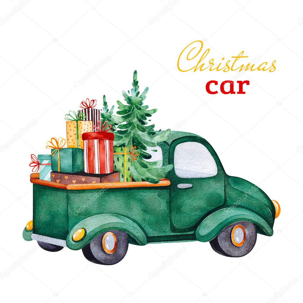 Christmas abstract retro car with Christmas tree,gifts and other decorations.Watercolor holiday illustration.Perfect for your Christmas and New Year project,invitations,greeting cards,wallpapers