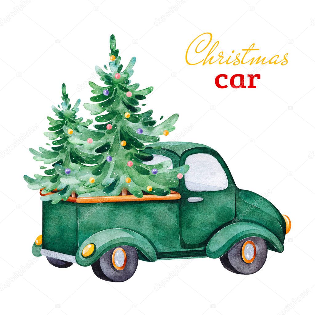 Christmas abstract retro car with Christmas trees and other decorations.Watercolor holiday illustration.Perfect for your Christmas and New Year project,invitations,greeting cards,wallpapers