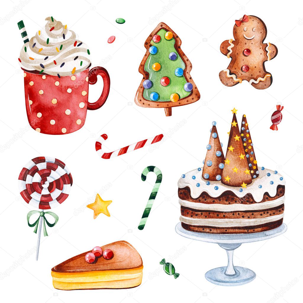 Bright collection with Christmas candy, sweets and cakes. Watercolor holiday illustration.Perfect for your Christmas and New Year project,invitations,greeting cards,wallpapers