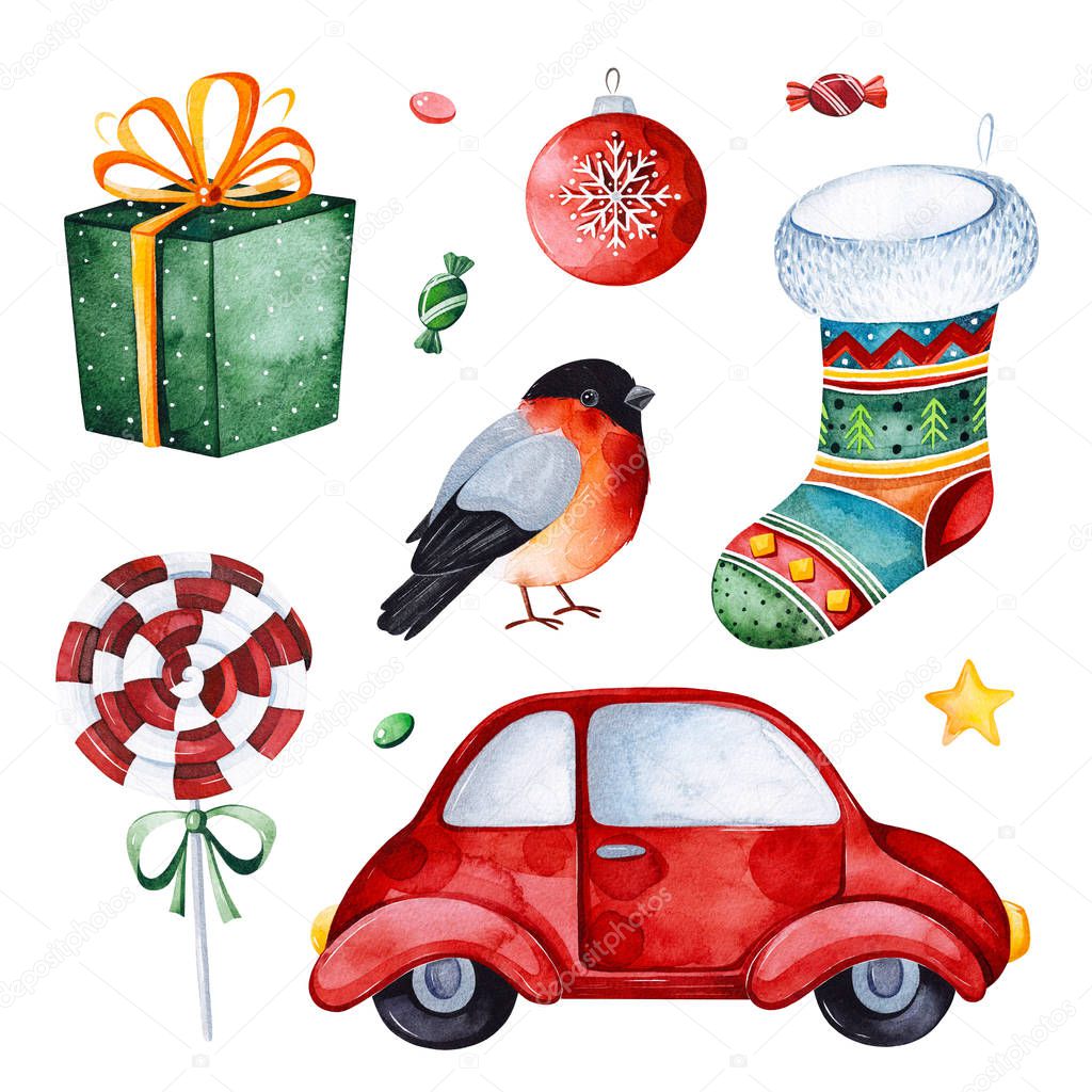 Bright collection with red car,candy,gift,bullfinch,sock and more.Watercolor holiday illustration.Perfect for your Christmas and New Year project,invitations,greeting cards,wallpapers