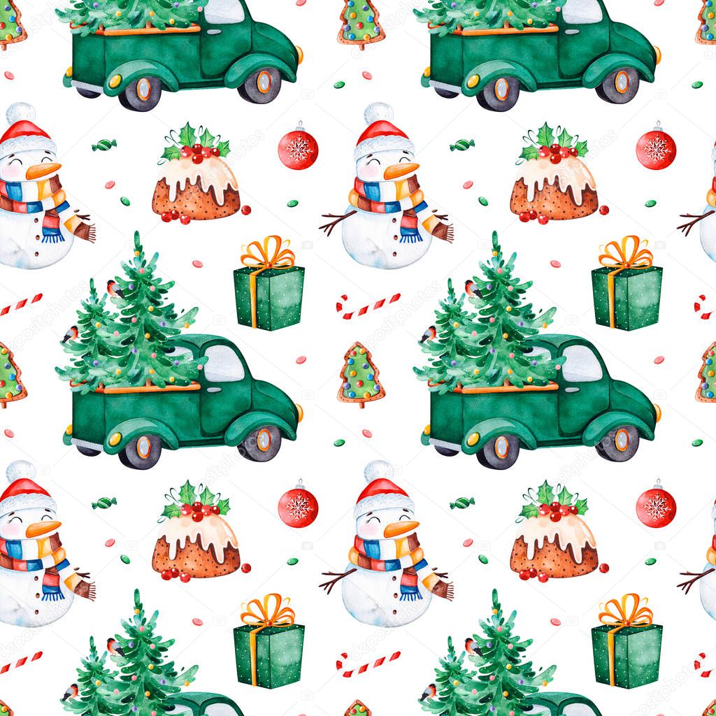 Bright seamless pattern with Christmas tree,candy,red retro car,gift and more.Watercolor holiday texture.Perfect for your Christmas and New Year project,invitations,greeting cards,wallpapers,print etc