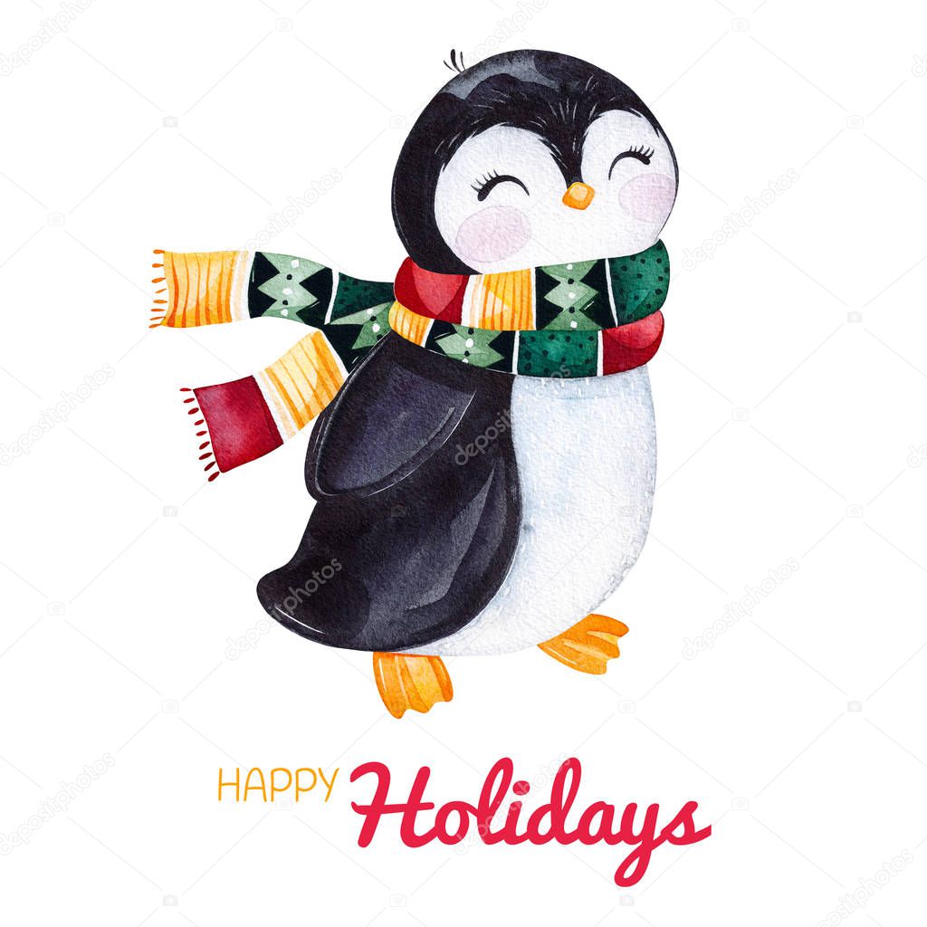 Cute watercolor penguin in winter knitted clothes.Hand painted holiday illustration.Perfect for your Christmas and New Year project,invitations,greeting cards,wallpapers,blogs etc