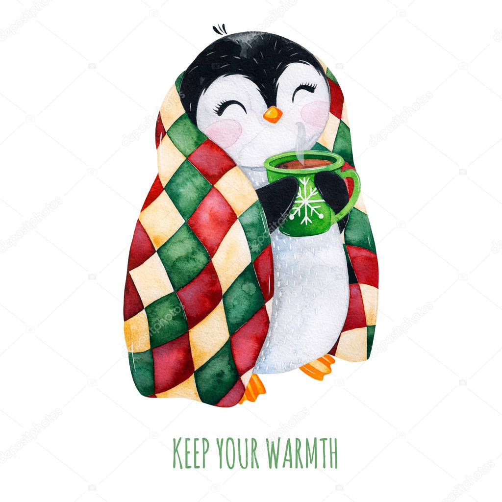 Cute watercolor penguin with a cup of hot drink in winter knitted plaid.Hand painted holiday illustration.Perfect for your Christmas and New Year project,invitations,greeting cards,wallpapers,blog etc