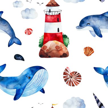 Suluboya balinalar, kabukları ve beyaz arka plan üzerinde deniz feneri ile Seamless modeli 