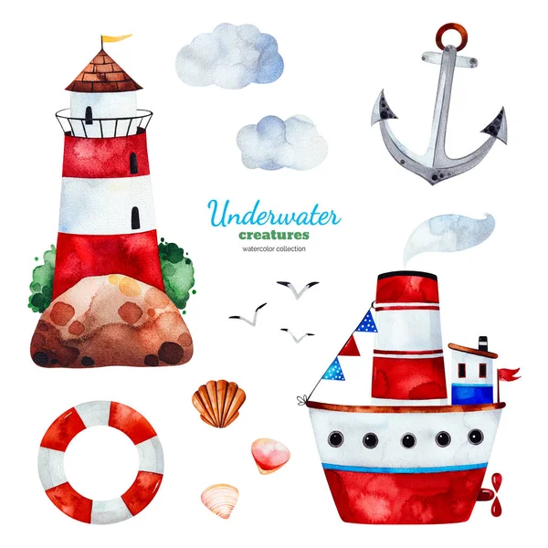 Watercolor Collection Lighthouse Ship Anchor Safety Ring White Background — Stock Photo, Image