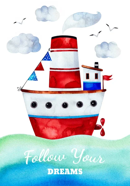 Sulu Boya Gemi Yüzer Yazı Beyaz Arka Plan Üzerinde Hayallerinin — Stok fotoğraf
