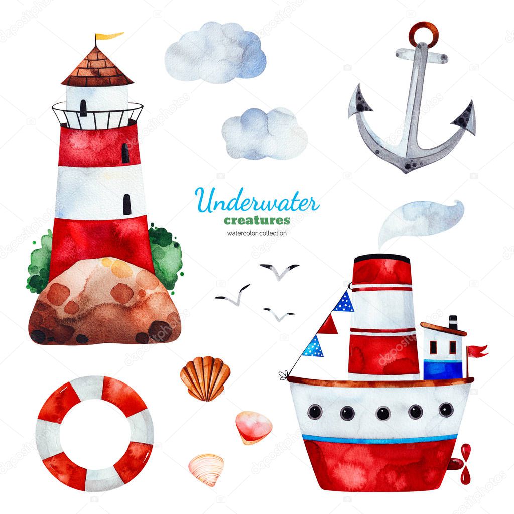 watercolor collection with lighthouse, ship, anchor and safety ring on white background 