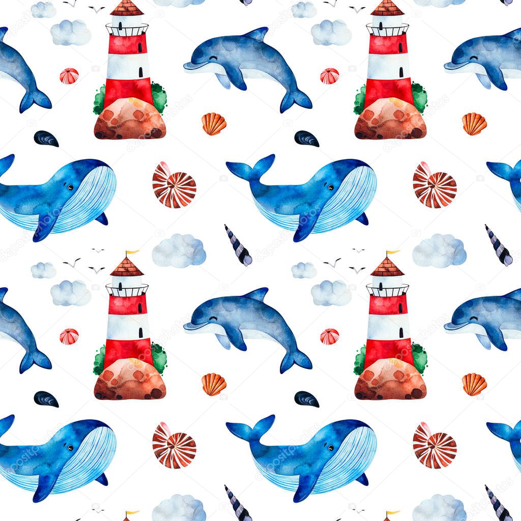 Seamless pattern with watercolor whales, seashells and lighthouses on white background 