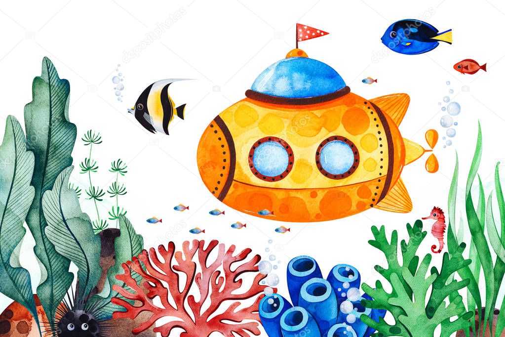 watercolor picture with underwater creatures and submarine on white background 