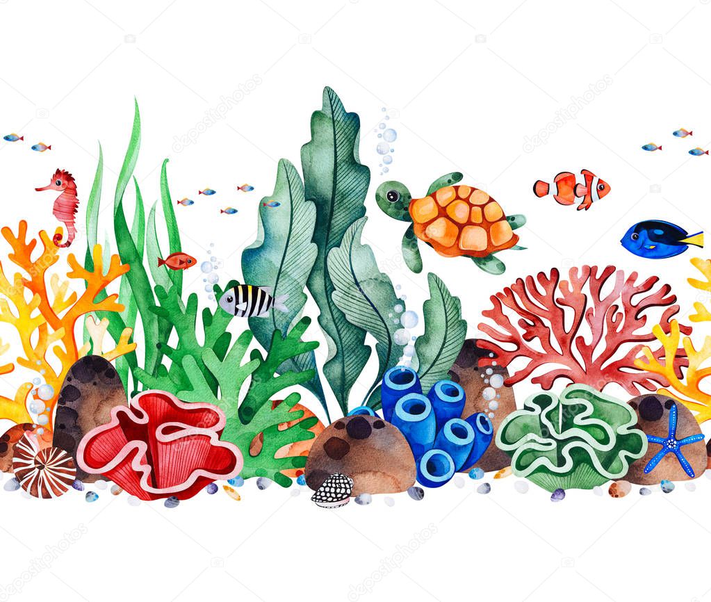 watercolor collection with underwater creatures on white background 