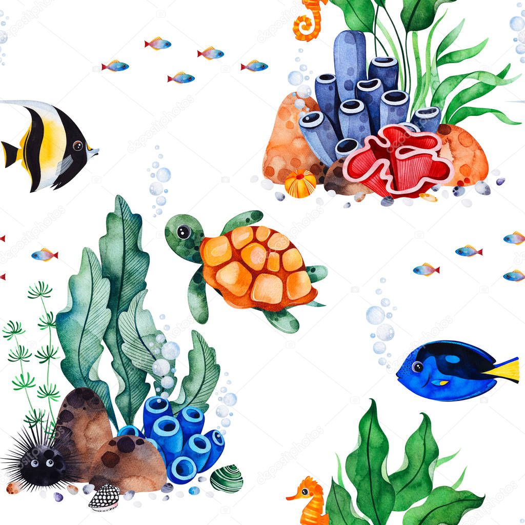 seamless pattern with watercolor underwater creatures on white background 