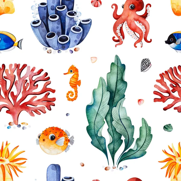 Collection Aquarelles Sans Couture Avec Des Créatures Sous Marines Sur — Photo