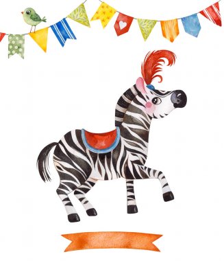 sevimli küçük zebra, kuş, kurdele ve çok renkli çelenk 