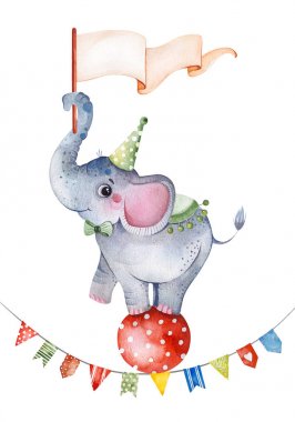 top, bayrak ve çok renkli çelenk sevimli küçük fil