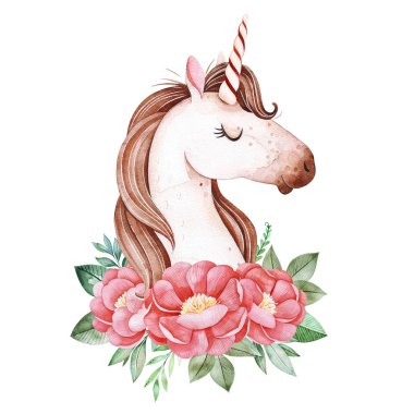 Pembe şakayık ve yaprakları ile Sevimli Unicorn