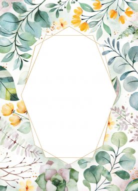 Sulu bitkiler, palmiye yaprakları, çiçekler, dalları ile tebrik kartı