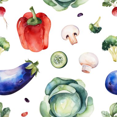 Suluboya el boyalı sebzeler, Patlıcan, biber, lahana, mantar ile dikişsiz doku