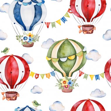 Sevimli hava balonları, buketleri, çelenk, kabarık bulutlar ile Dikişsiz Doku