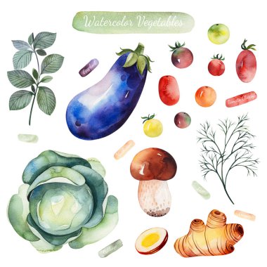 Suluboya el boyalı sebzeler, Domates, lahana, patlıcan, mantar ile dikişsiz doku