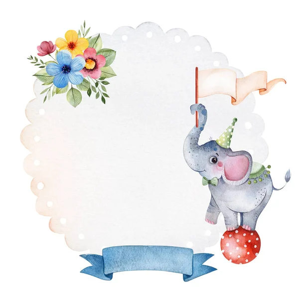 Preciosa Invitación Circo Con Lindo Elefante Bola Roja Bandera Cinta — Foto de Stock