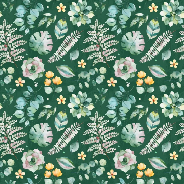 Krásný Akvarel Šťavnaté Rostliny Listy Kapradí Větve Květiny Zeleném Pozadí — Stock fotografie