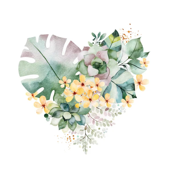 ハート型の葉 ヤシの葉 黄色の花を持つグリーティングカード — ストック写真