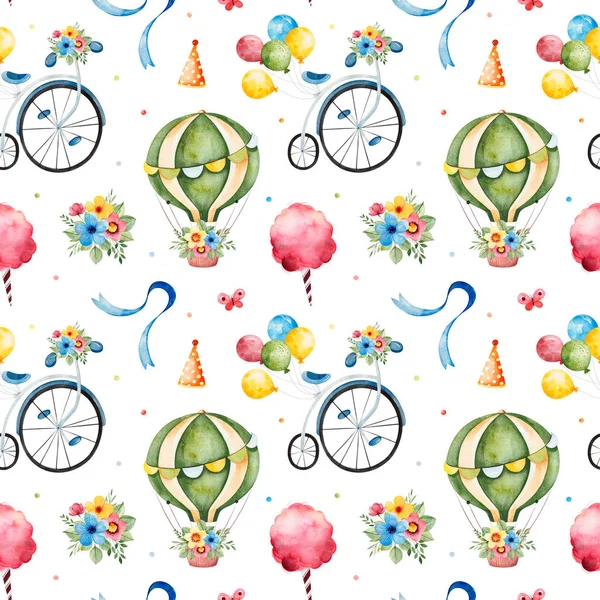 Seamless Texture Cute Air Balloons Bouquets Vintage Bicycles Ribbons — Stock Photo, Image