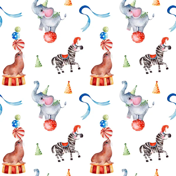 Seamless Texture with cute little elephants on balls, zebras, fur seals, ribbons