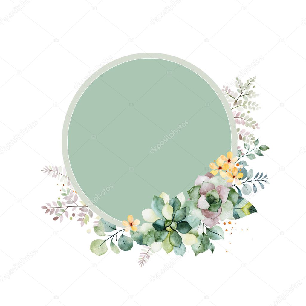 Greeting card with foliage, palm leaves, branches, yellow flowers