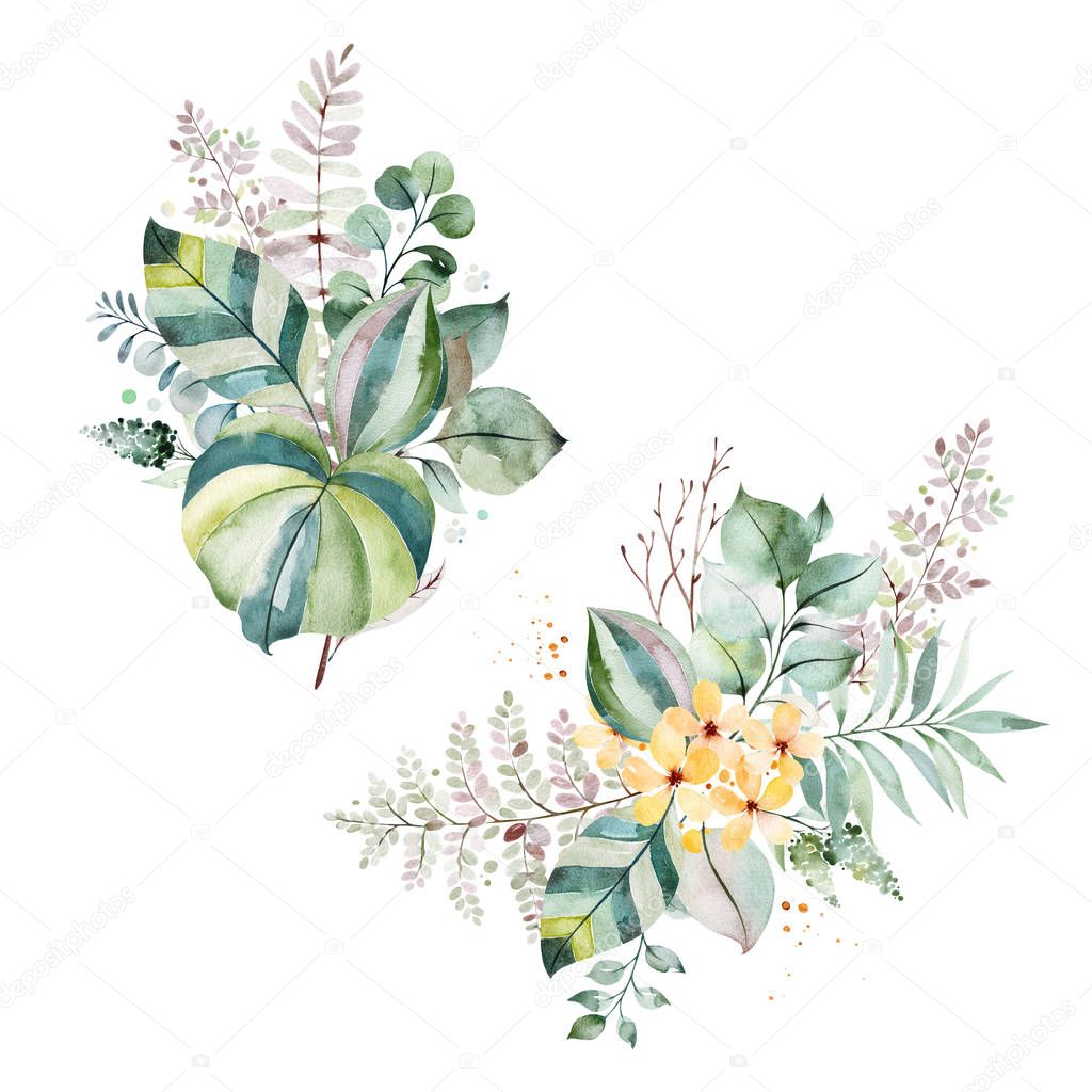 Greeting card with foliage, palm leaves, branches, yellow flowers