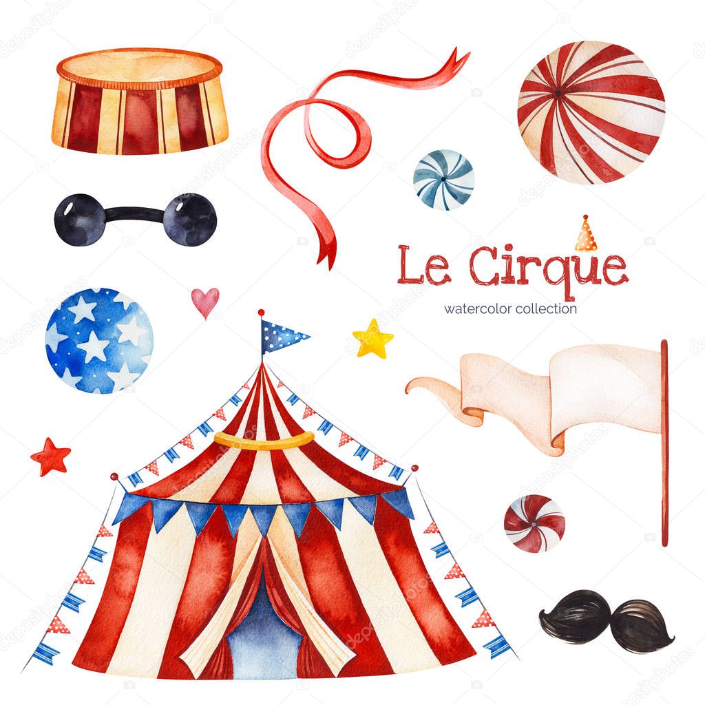 circus tent, candy, balls, garland, mustaches, ribbon, flag banner 