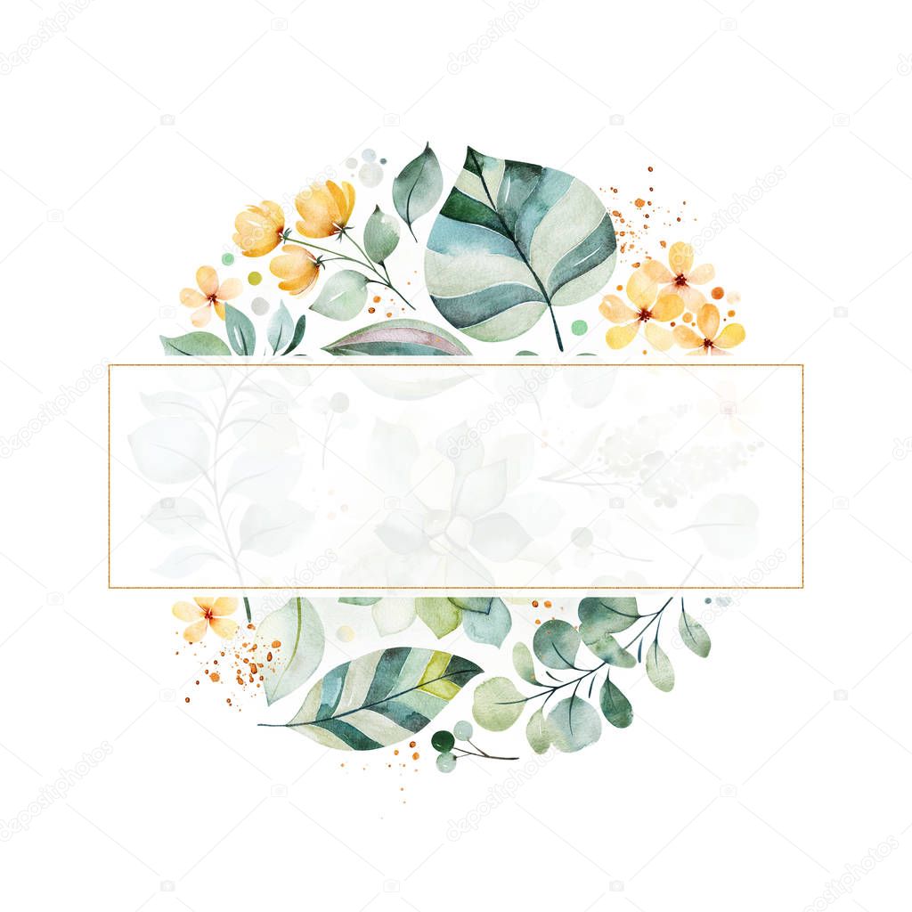 Greeting card with foliage, palm leaves, branches, yellow flowers