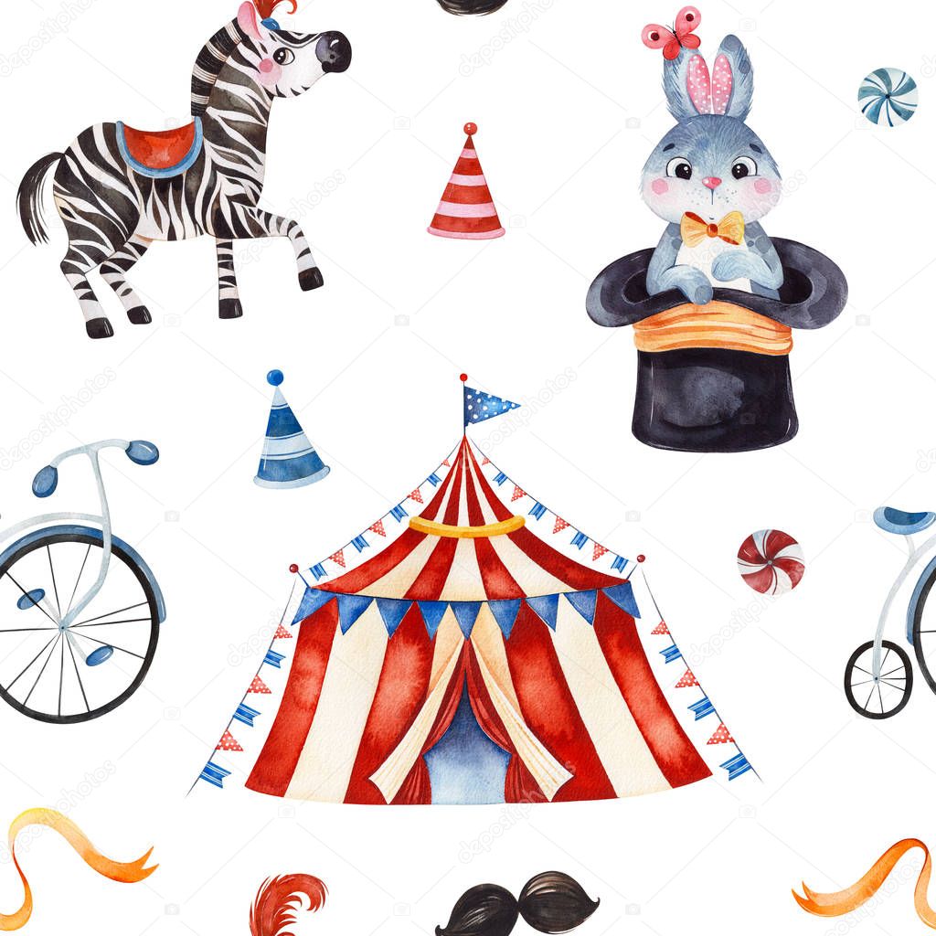 cute little bunny in a hat, zebra, circus tent, ribbon, bike