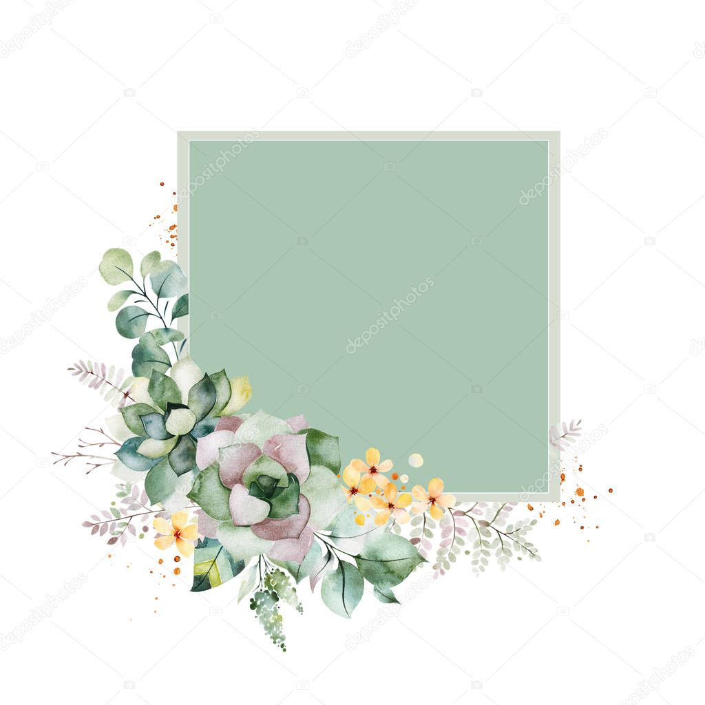 Greeting card with square, foliage, palm leaves, branches, yellow flowers