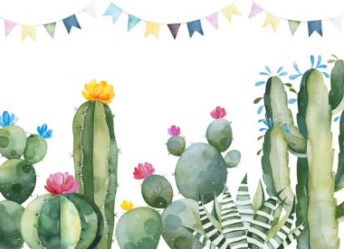 watercolor blooming cactuses and garland isolated on white background clipart
